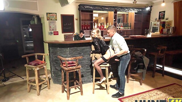 Blonde Fibi Euro wearing lingerie gets fucked by a bartender