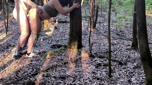 BBW got him to sneak into the woods for a quick fuck