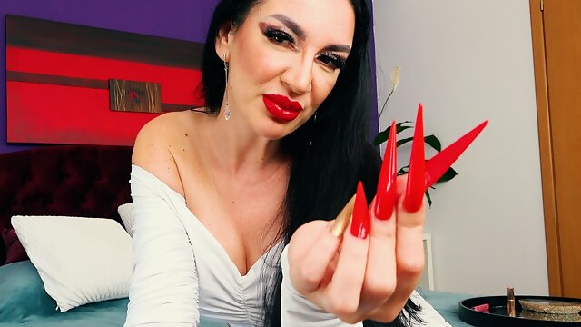 White Long Nails Goddess Red Stiletto JOI