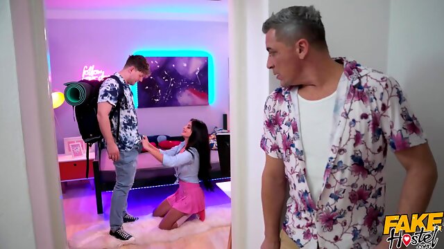 Slutty brunette with an amazing body cant wait to get fucked and she gets nailed really hard by two dudes