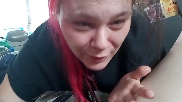 Milf gives messy deep throat in van