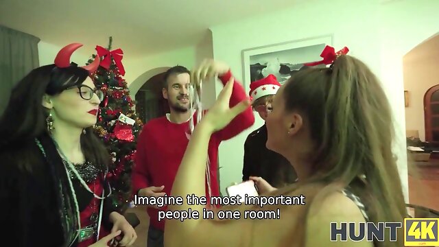 Watch this naughty brunette cheat on her husband with a naughty Santa in POV Christmas sex video!