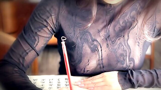 Hollow bare chest writing brush characters, Asian Chinese characters, Chinese sexy woman