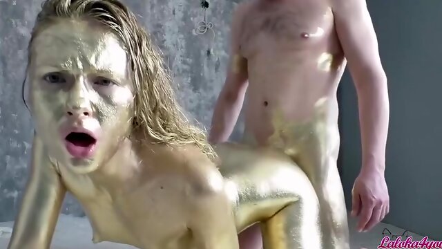 Beauty In Gold Paint Sucks Cock And Fuck