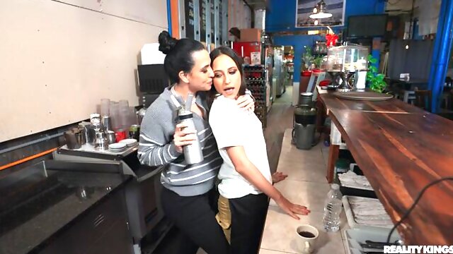 Gorgeous lesbian sex in the kitchen with a sweet Sandy Love