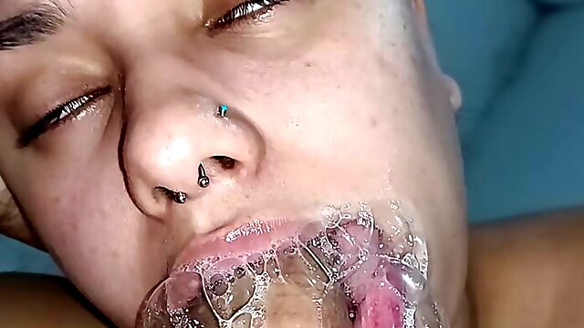 Oh damn how much spit comes out of this bitch's mouth, she loves a wet and soft blowjob