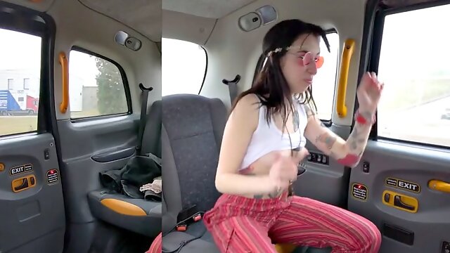 Real hippie babe pussyfucked in public taxi outdoor