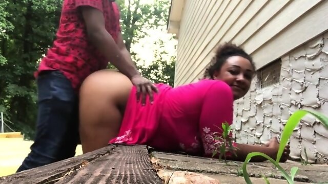 Big booty ebony wife pumped full of black cock outside