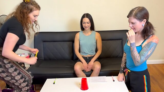 A balloon blow-off strip game with three hot lesbians