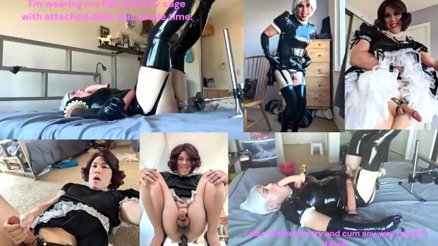 Latex sissy maid Candy plays with her dildos while locked in chastity and fucked by her machine