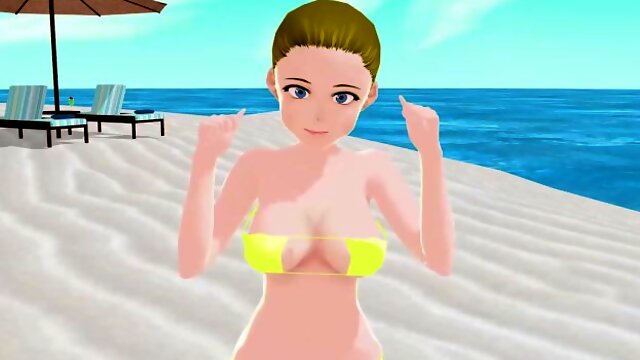 【Emma】 Blonde anime girl tried on micro bikinis on the beach.