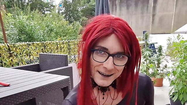 Shemale Swallows Cum, Outdoor Cum, Blowjob, Deepthroat, Redhead