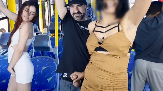 Naughty thigh hottie inside public transport and cums in her big ass