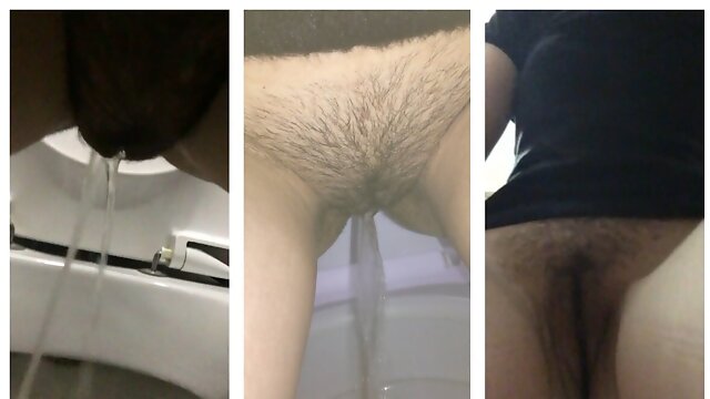 COLLECTION Girl in skinny jeans pees in public toilets close-up, golden shower, peeing girls