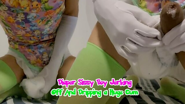 Diaper Sissy Boy Jerking Off And Dripping a Huge Load of cum