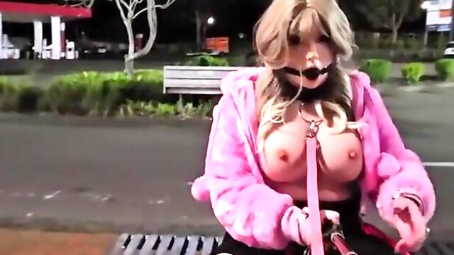 Ball-Gagged and tethered sissy on the streets