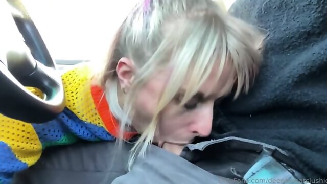 Delicious Busty Blonde Swallowing Cock In The Car