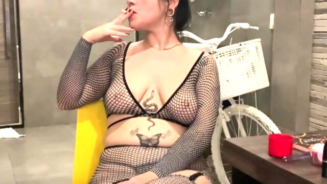 Smoking in my new sexy lingerie - fishnet set