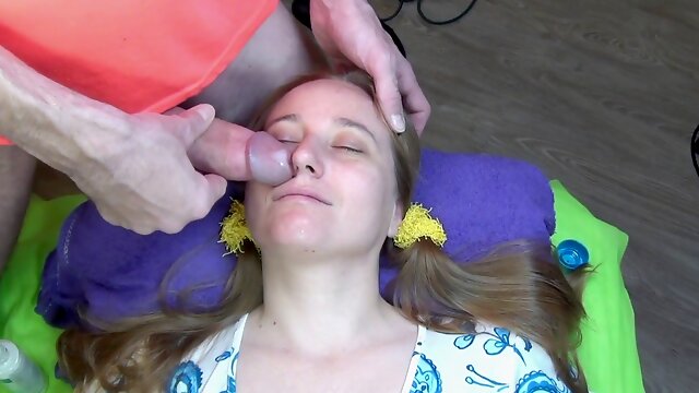 Facial cumshot massage with large fuckpole and cream