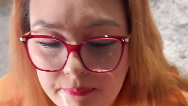 Thick Velma Deepthroats Cock and Gets Covered in Cum