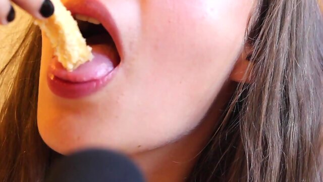 Pretty french girl with tender voice eats her cake very erotic