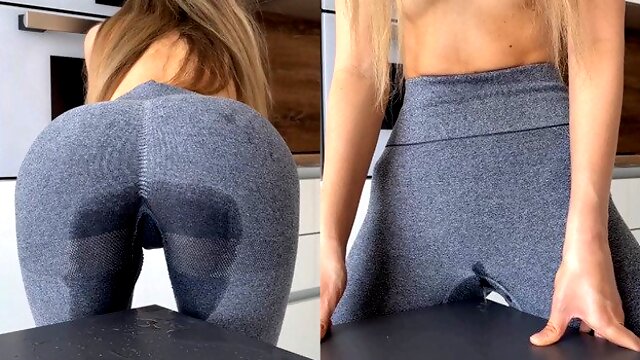 Girl humping table until leggings full of squirts