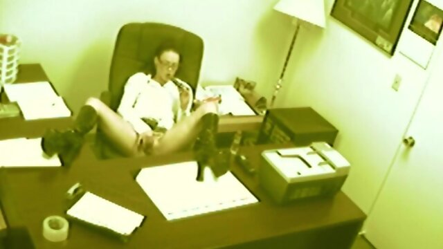 Secretary fingering and masturbating pussy at office