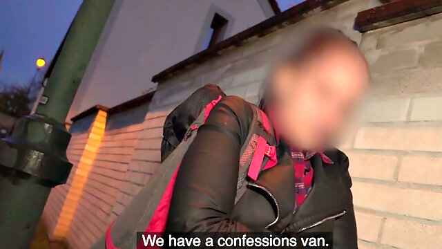 Real babe picked up and oiled for fuck by priest in outdoor van