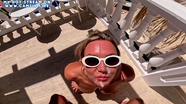 Blonde Hoe loves Rough Sex with Facial cumshot outdoors by the pool - cum on face