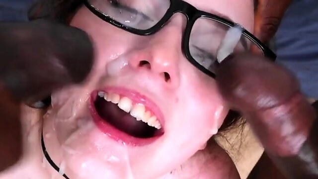 Nerdy slut anally drilled and facialized in BBC gangbang