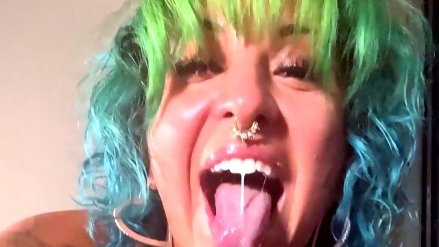 Slutty alt girl with colored hair tries to handle a real BBC in her throat