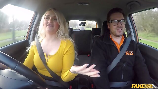 Busty blonde with tattoos takes a hard pounding before her driving test in Fake Driving School