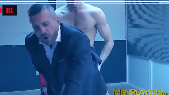 Suited Emir Boscatto sucked dicked and ass fucked by hottie Kayden Gray