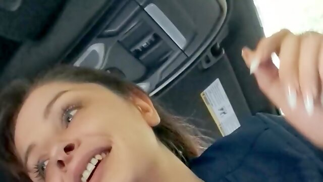 Brunette milf throated his dick in the car POV