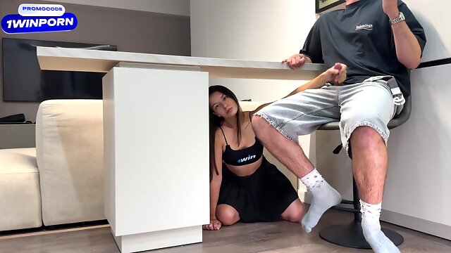 I Hid Under The Table And Wanted To Scare Stepbrother But He Start Jerk Off! I Help Him Cum. Its Ok?