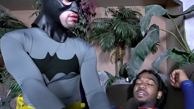 Superman barebacking Batman after BJ in interracial duo