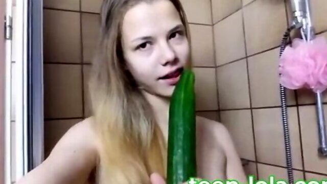 TINY 18yo SKINNY TEEN FUCKED CUCUMBER! BIG CLIT Small Tits