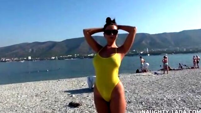 Naughty Exhibitionist Lada Swimsuit Bikini flash on public beach