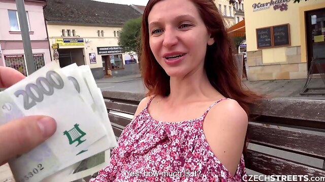 Naughty redhead agrees to get vibrated for money in public places