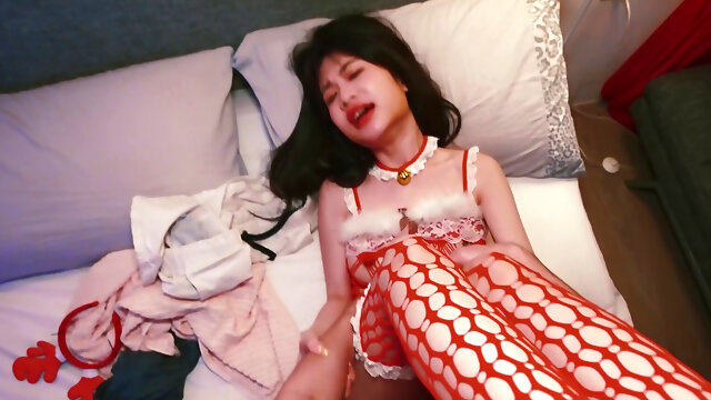 Asian girl in sexy red lingerie is shagged in a POV-style video