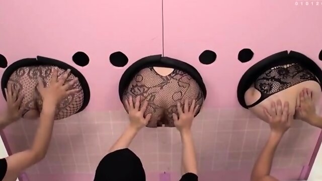 Masked perverts sniff and taste Japanese asses on a wall 