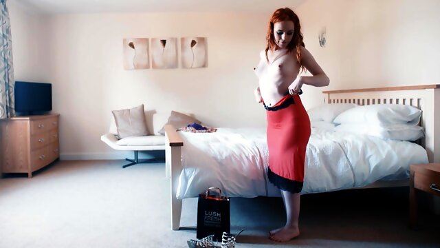 Redhead Ella Hughes wearing lingerie fingering her shaved pussy