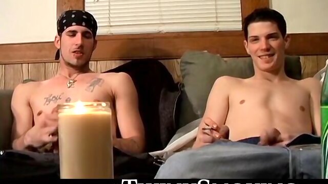 Hardcore stroking and smoking session on the couch by straight buddies Chain and Benz