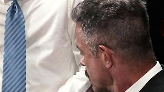 Sexy mustached DILF spanks cute twink