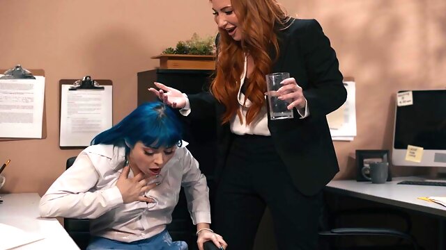 Kinky lesbian babes in cosplay hardcore in office (4K) - Redhead kissing