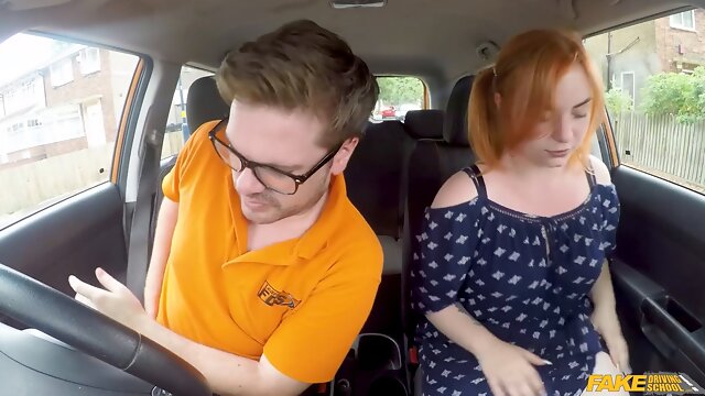 Redhead harley morgan takes a hard pounding in a car & swallows every drop - Fake Driving School