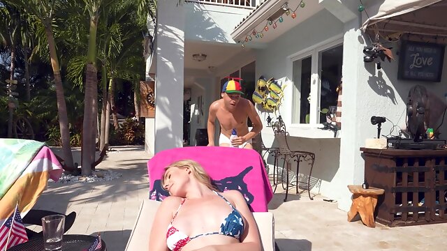 Sunbathing leads to amazing anal sex with blonde Rebel Rhyder