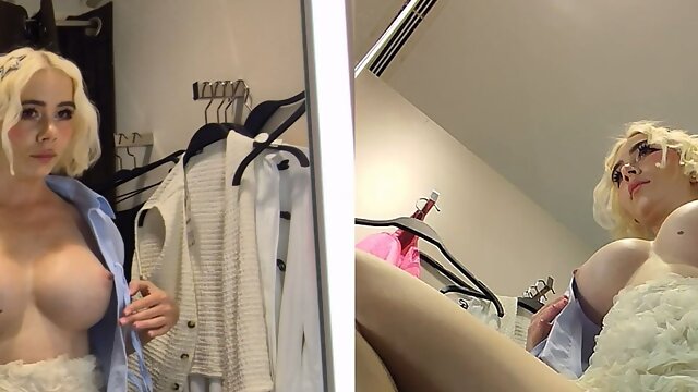 Girl in transparent clothes trying on clothes without panties