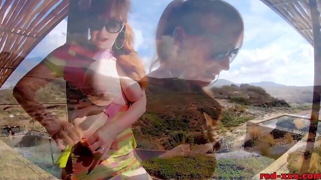 Redhead MILF Red XXX masturbating outside by the pool