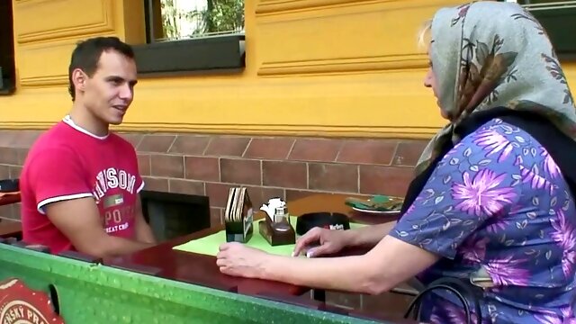 Old granny moaning riding young cock